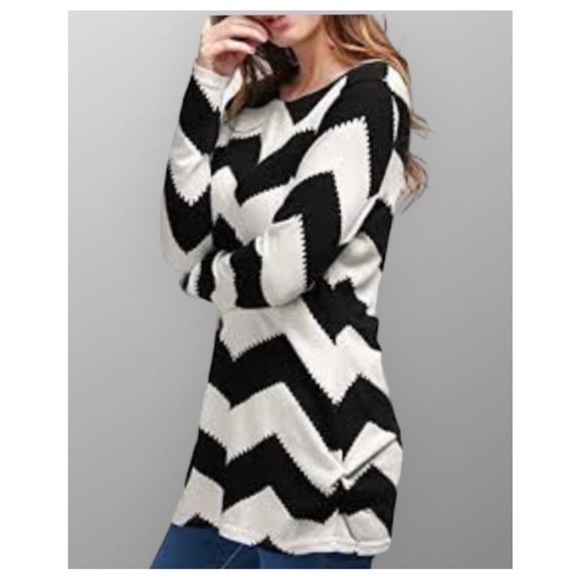 Allegra K Black & White Chevron Print Soft Long Sleeve Lightweight Sweater XS - Picture 1 of 8